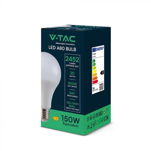 V-TAC LED izzó  E27 A80 20W 200° 4000K gömb - 23748