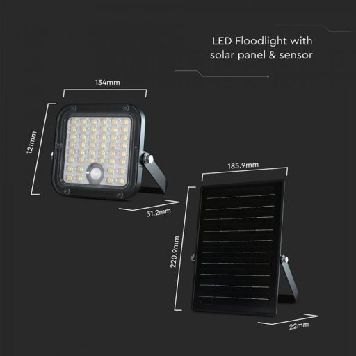 V-TAC 10W LED napelemes (SOLAR), mozgásérzékelős reflektor távirányítóval 120° 4000K-6000K - Fekete házas  - 23756