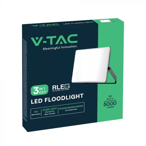 V-TAC 50W LED reflektor CCT 3in1 Fekete házas, tejüveg búra - 23768