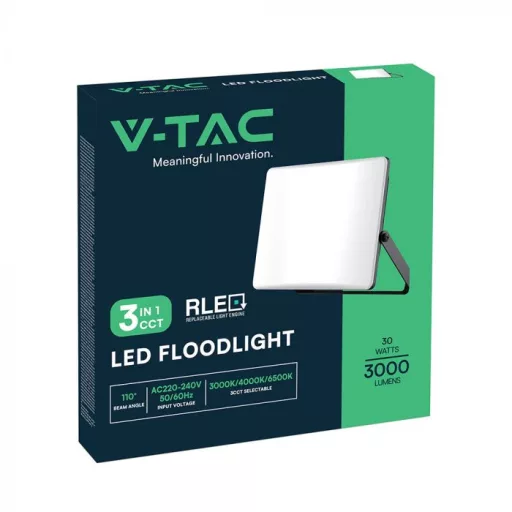 V-TAC 30W LED reflektor CCT 3in1 Fekete házas, tejüveg búra - 23769