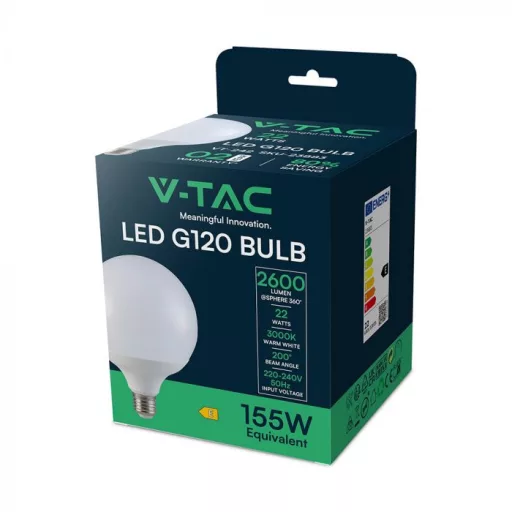 V-TAC LED izzó  E27 G120 22W 200° 3000K nagygömb - 23883