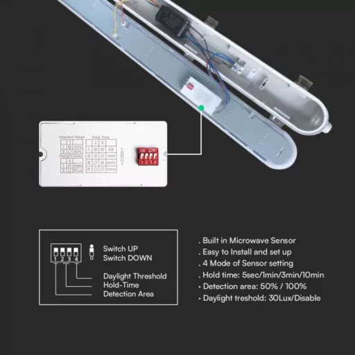 V-TAC 36W Vízálló LED armatúra tejfehér burával 120 cm 120° 120lm/W 6500K Mikrohullámú érzékelővel IP65 - 24016