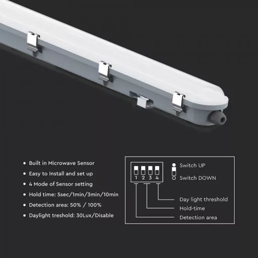 V-TAC 36W Vízálló LED armatúra tejfehér burával 120 cm 120° 120lm/W 6500K Mikrohullámú érzékelővel IP65 - 24016