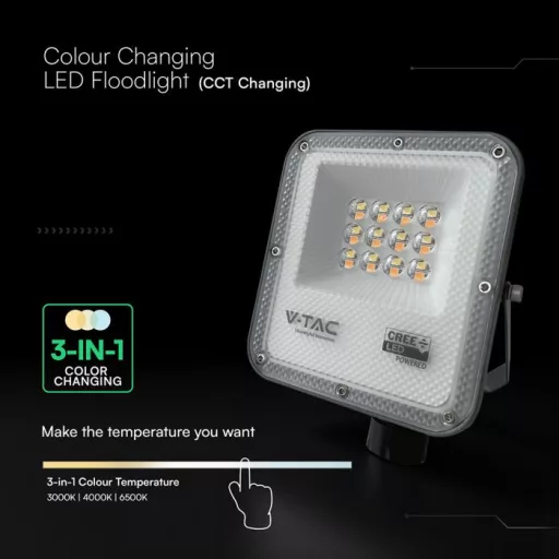 V-TAC 10W LED reflektor CCT 3in1 Fekete házas (Cree Chip) - 240726