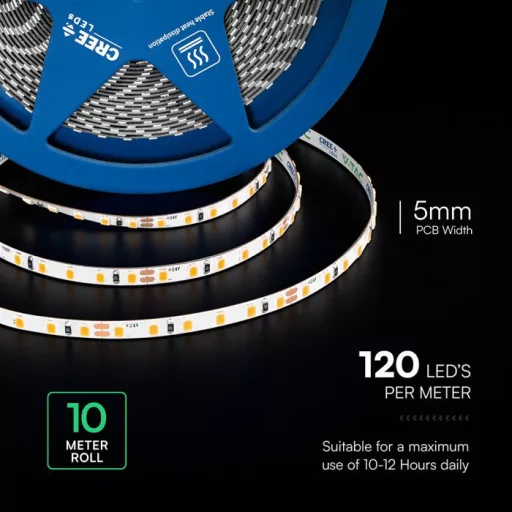 V-TAC LED szalag 5mm széles SMD2835 120LED/M 8W/M 24V IP20 4000K (CREE Chip) - 240816