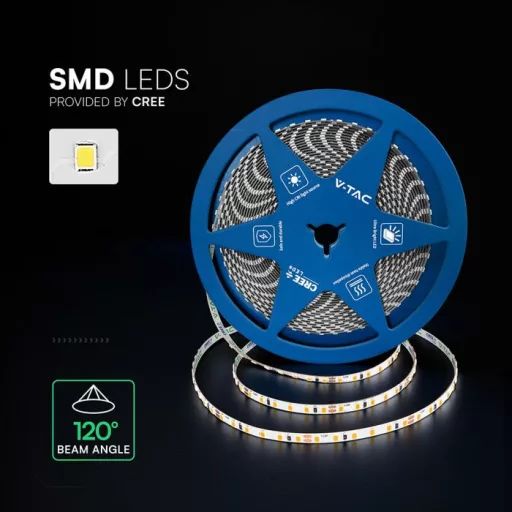 V-TAC LED szalag 5mm széles SMD2835 120LED/M 8W/M 24V IP20 6500K (CREE Chip) - 240826