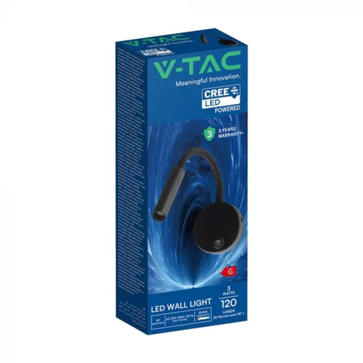 V-TAC 3W LED Fali olvasó lámpa kapcsolóval, fekete 3000K - 241506