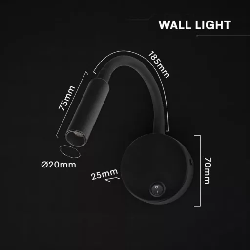 V-TAC 3W LED Fali olvasó lámpa kapcsolóval, fekete 3000K - 241506