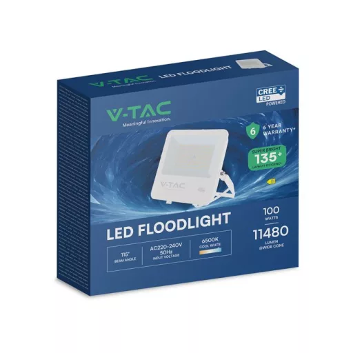 V-TAC 100W LED reflektor 115° 6500K 135LM/W fehér házas (CREE Chip) 1M hosszú vezetékkel - 242116