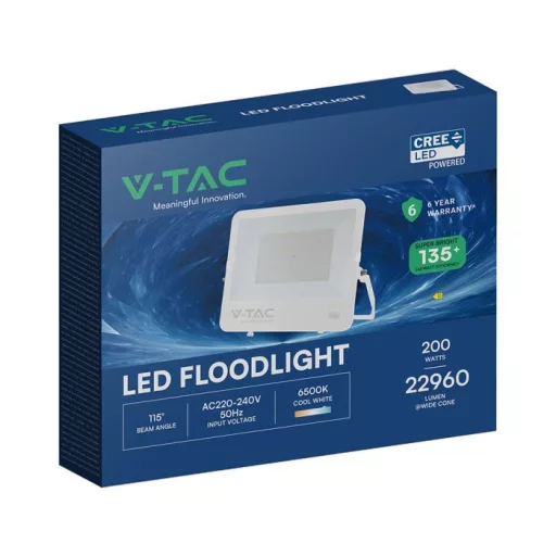 V-TAC 200W LED reflektor 115° 6500K 135LM/W fehér házas (CREE Chip) 1M hosszú vezetékkel - 242136
