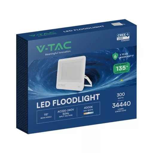 V-TAC 300W LED reflektor 115° 4000K 135LM/W fehér házas (CREE Chip) 1M hosszú vezetékkel - 242146