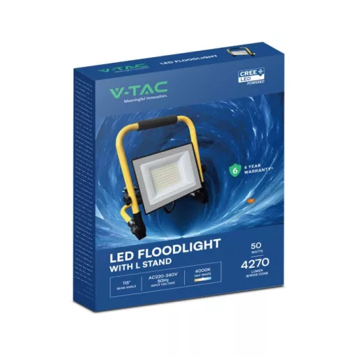 V-TAC LED hordozható reflektor álvánnyal 50W 115° 4000K fekete házas (CREE Chip) 3m vezetékkel - 242186