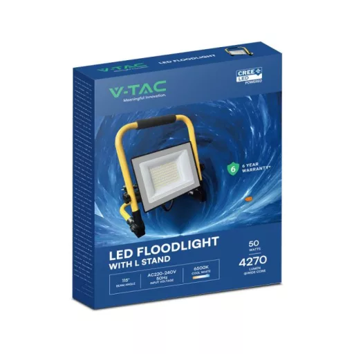 V-TAC LED hordozható reflektor álvánnyal 50W 115° 6500K fekete házas (CREE Chip) 3m vezetékkel - 242196