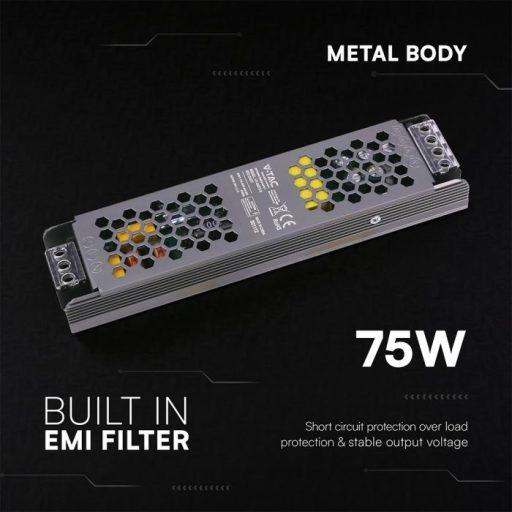 V-TAC LED Fémházas szerelhető SLIM tápegység 75W 3.1A 24V IP20 - 24237
