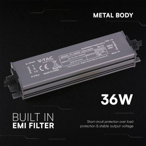 V-TAC LED Fémházas szerelhető vízálló tápegység 36W 1.5A 24V IP67 - 24243