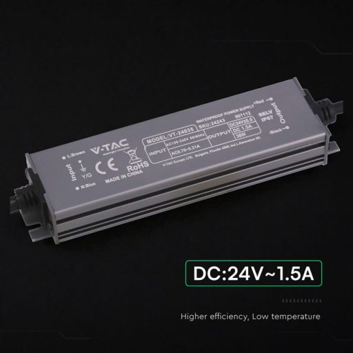 V-TAC LED Fémházas szerelhető vízálló tápegység 36W 1.5A 24V IP67 - 24243