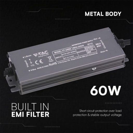 V-TAC LED Fémházas szerelhető vízálló tápegység 60W 2.5A 24V IP67 - 24244