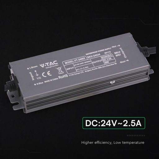 V-TAC LED Fémházas szerelhető vízálló tápegység 60W 2.5A 24V IP67 - 24244
