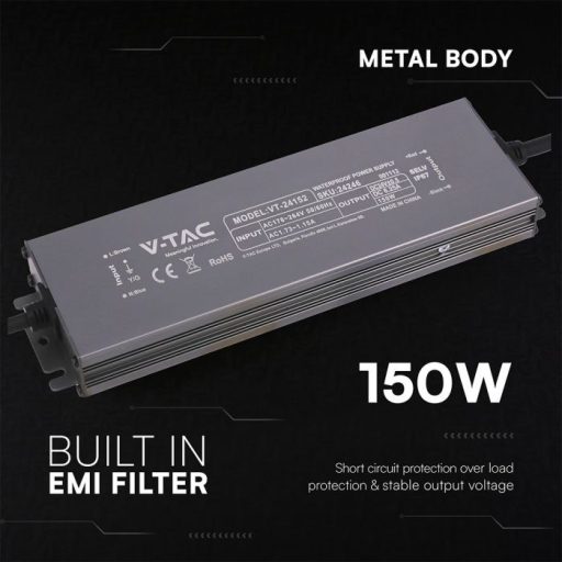 V-TAC LED Fémházas szerelhető vízálló tápegység 150W 6.25A 24V IP67 - 24246