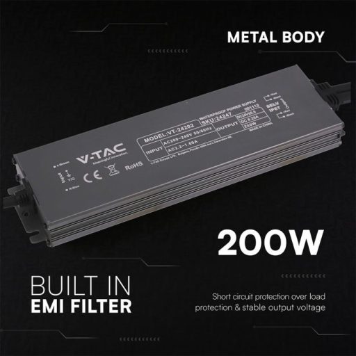 V-TAC LED Fémházas szerelhető vízálló tápegység 200W 8.25A 24V IP67 - 24247