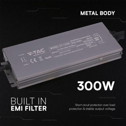 V-TAC LED Fémházas szerelhető vízálló tápegység 300W 12.5A 24V IP67 - 24248