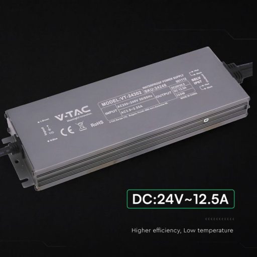 V-TAC LED Fémházas szerelhető vízálló tápegység 300W 12.5A 24V IP67 - 24248