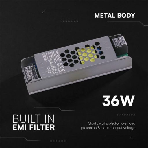 V-TAC LED Fémházas szerelhető SLIM tápegység 36W 3A 12V IP20 - 24254