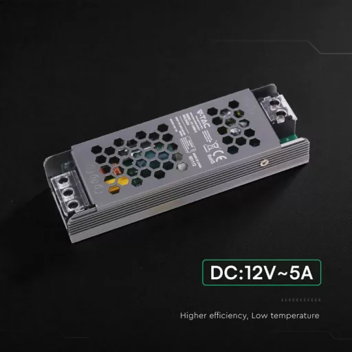 V-TAC LED Fémházas szerelhető SLIM tápegység 60W 5A 12V IP20 - 24255 Akciós