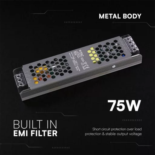 V-TAC LED Fémházas szerelhető SLIM tápegység 75W 6.25A 12V IP20 - 24256