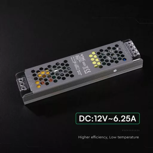 V-TAC LED Fémházas szerelhető SLIM tápegység 75W 6.25A 12V IP20 - 24256