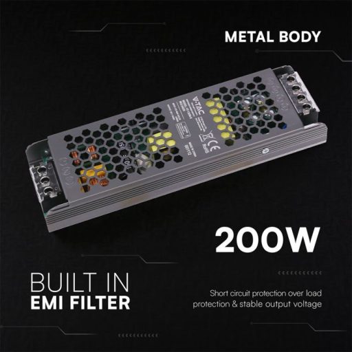V-TAC LED Fémházas szerelhető SLIM tápegység 200W 16.5A 12V IP20 - 24259