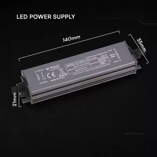 V-TAC LED Fémházas szerelhető vízálló tápegység 36W 3A 12V IP67 - 24262