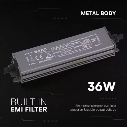 V-TAC LED Fémházas szerelhető vízálló tápegység 36W 3A 12V IP67 - 24262