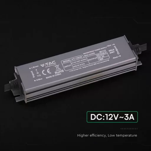 V-TAC LED Fémházas szerelhető vízálló tápegység 36W 3A 12V IP67 - 24262
