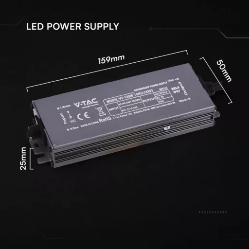 V-TAC LED Fémházas szerelhető vízálló tápegység 60W 5A 12V IP67 - 24263