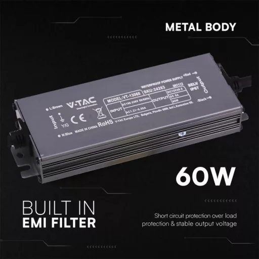 V-TAC LED Fémházas szerelhető vízálló tápegység 60W 5A 12V IP67 - 24263