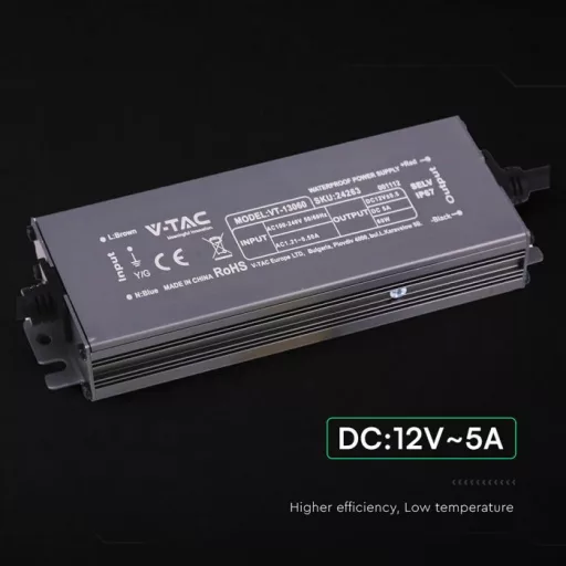 V-TAC LED Fémházas szerelhető vízálló tápegység 60W 5A 12V IP67 - 24263