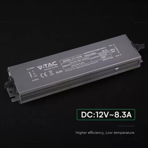 V-TAC LED Fémházas szerelhető vízálló tápegység 100W 8.3A 12V IP67 - 24264