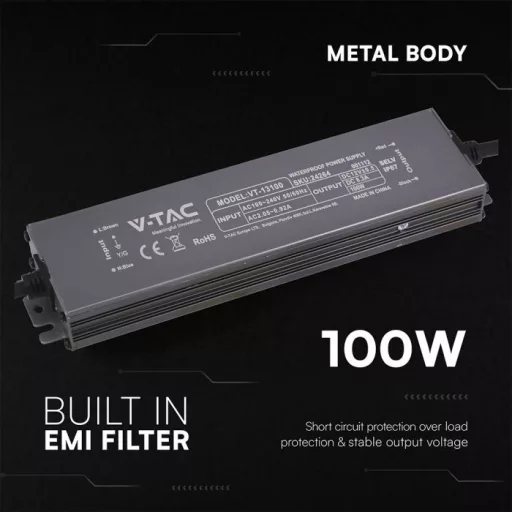 V-TAC LED Fémházas szerelhető vízálló tápegység 100W 8.3A 12V IP67 - 24264