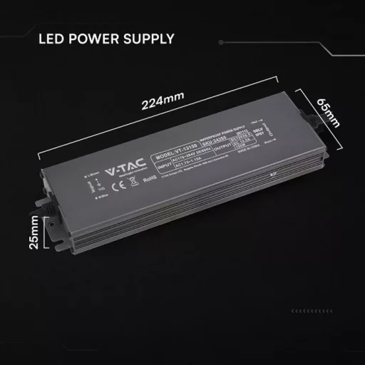 V-TAC LED Fémházas szerelhető vízálló tápegység 150W 12.5A 12V IP67 - 24265