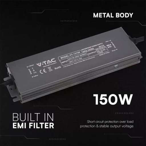 V-TAC LED Fémházas szerelhető vízálló tápegység 150W 12.5A 12V IP67 - 24265