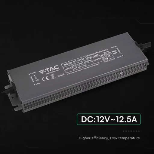 V-TAC LED Fémházas szerelhető vízálló tápegység 150W 12.5A 12V IP67 - 24265