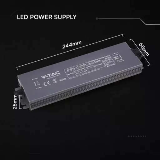 V-TAC LED Fémházas szerelhető vízálló tápegység 200W 16.5A 12V IP67 - 24266