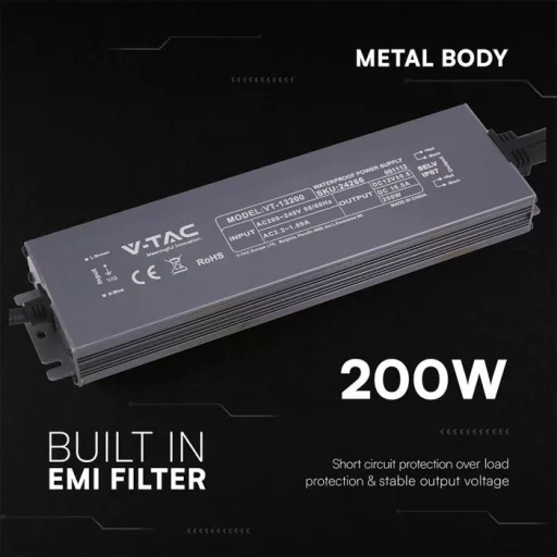 V-TAC LED Fémházas szerelhető vízálló tápegység 200W 16.5A 12V IP67 - 24266