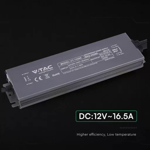 V-TAC LED Fémházas szerelhető vízálló tápegység 200W 16.5A 12V IP67 - 24266