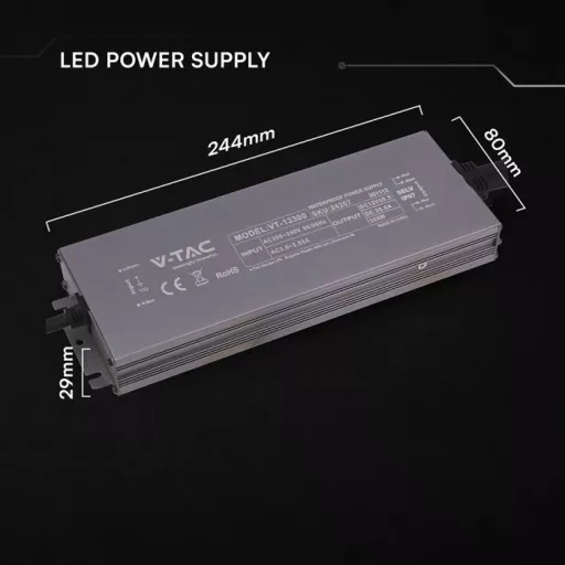 V-TAC LED Fémházas szerelhető vízálló tápegység 300W 25A 12V IP67 - 24267
