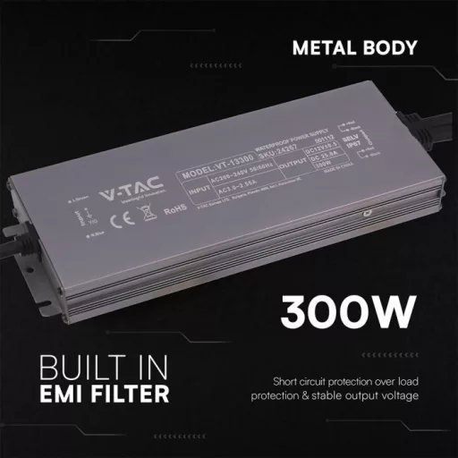 V-TAC LED Fémházas szerelhető vízálló tápegység 300W 25A 12V IP67 - 24267