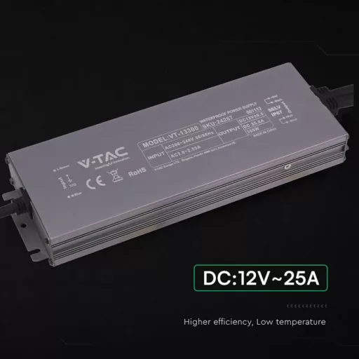 V-TAC LED Fémházas szerelhető vízálló tápegység 300W 25A 12V IP67 - 24267