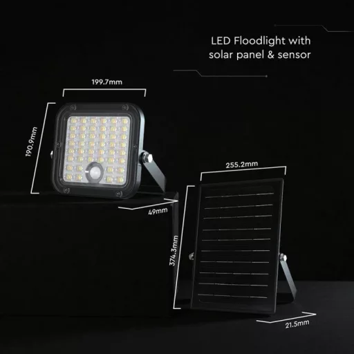 V-TAC 30W LED napelemes (SOLAR), mozgásérzékelős reflektor távirányítóval 120° 4000K-6000K - Fekete házas  - 24277