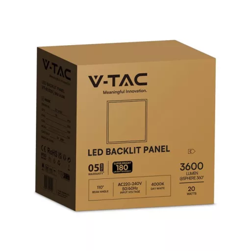 V-TAC Backlit LED panel 20W 180lm/W 595 x 595 mm 4000K - 24280